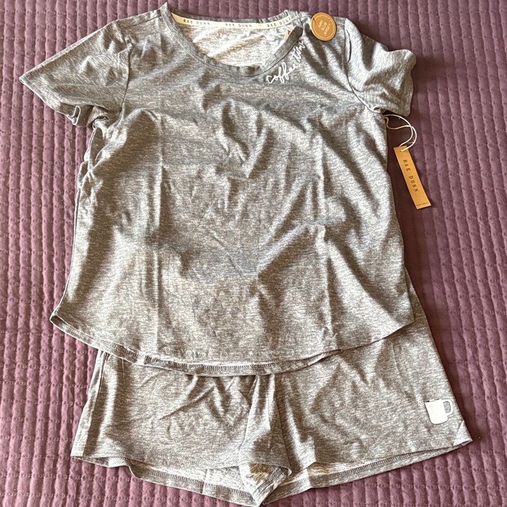 Rae Dunn Dark Heather Gray Short Pajama Set Sz M Coffee Time